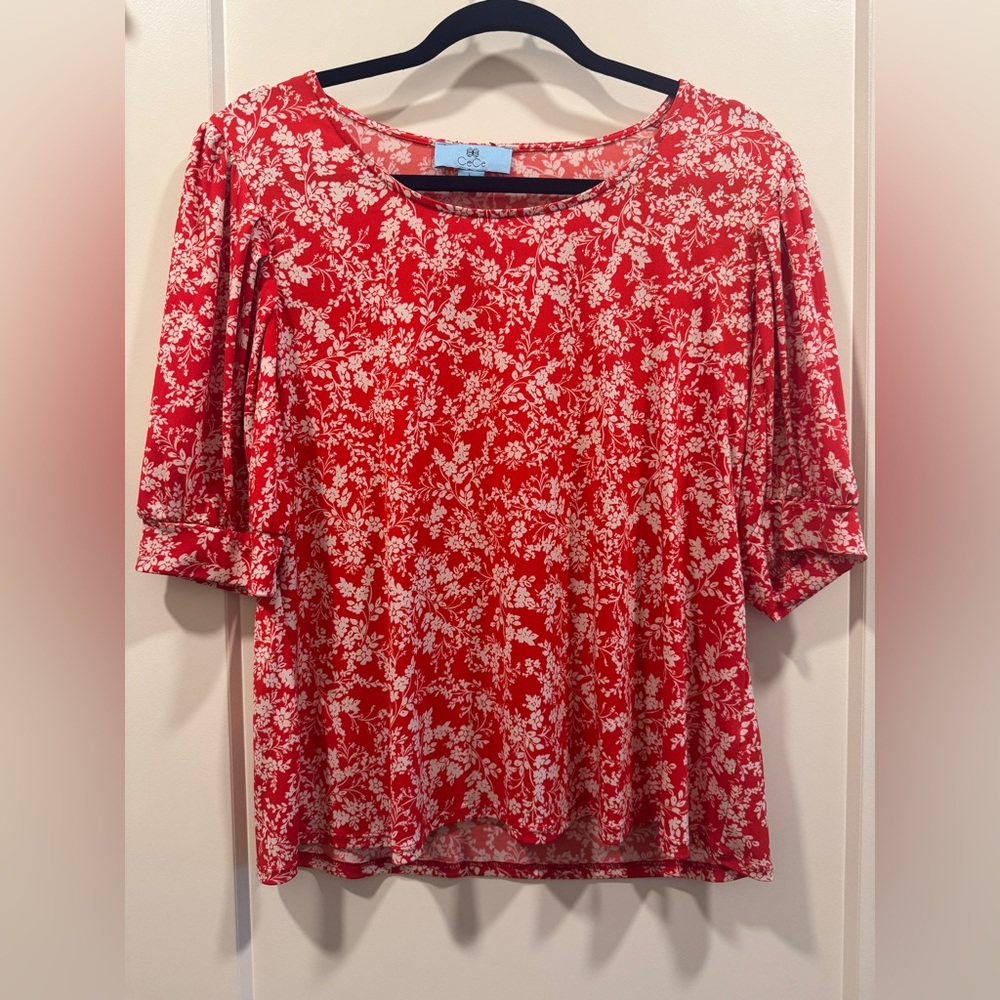 CeCe Red and White Floral Blouse